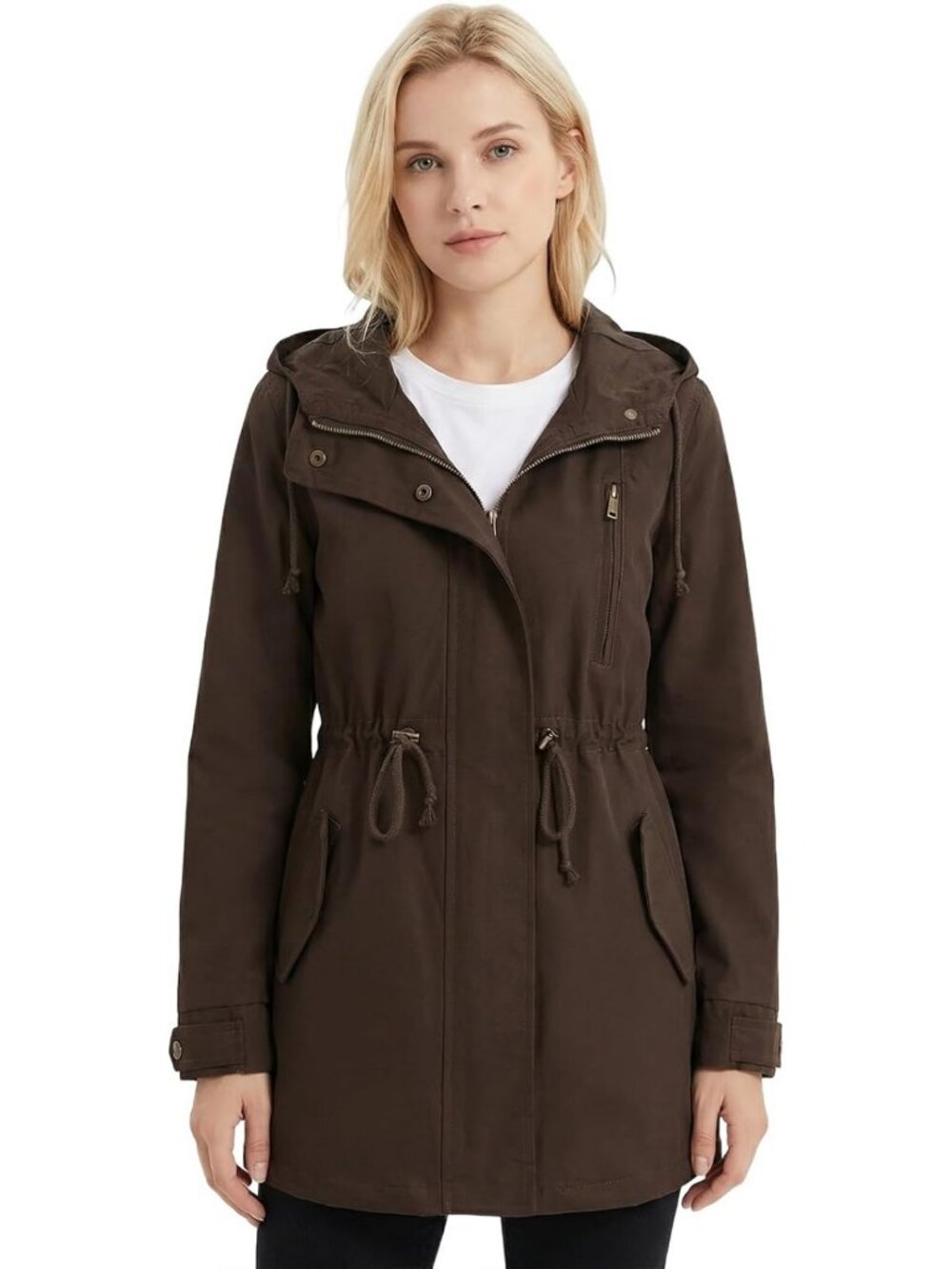 Lightweight Anorak Jacket with Drawstring Waist, Zip-Up Hoodie, Pockets, Fall